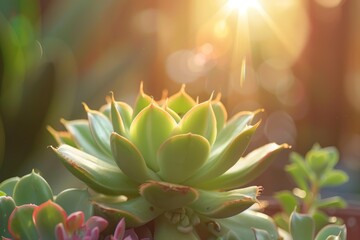 Vibrant green echeveria succulent basking in golden sunlight, showcasing the intricate beauty of desert plants