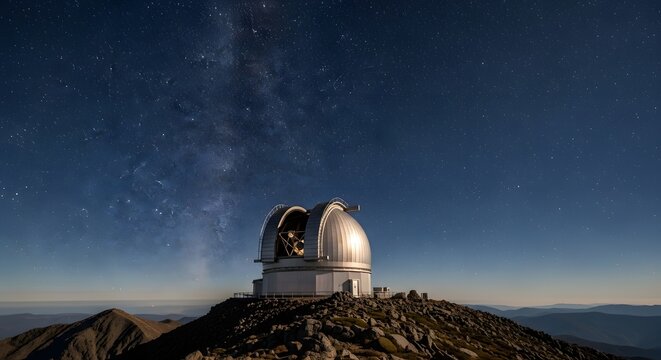 Large professional astronomical observatory dome situated on a rugged mountain peak observing the bright night sky filled with countless stars and the milky way galaxy.
