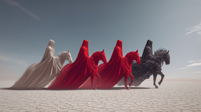 Prophetic apocalypse Four Horsemen visualization, White for Conquest Red for War, Black for Famine Pale for Death, stark desert landscape, biblical prophecy vision representation, 