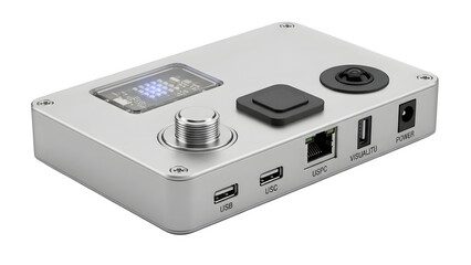 Obraz premium Modern Silver Electronic Device with LED Display and Ports Isolated on Transparent Background