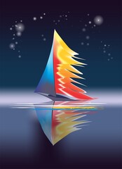 composition with a sailboat sailing on the sea