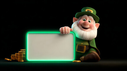 3D leprechaun with blank sign and gold coins.