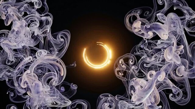 Abstract animation of a radiant golden circle spinning within swirling wisps of smoke against a dark and enigmatic backdrop