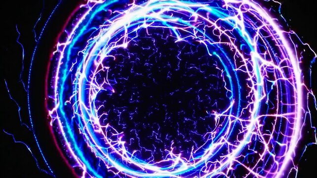 Abstract background featuring a circular energy portal. Pulsating rings of blue and purple lightning create a dynamic and powerful effect