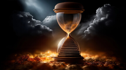 Surreal hourglass with staircase connecting, hell's fire below to heaven's clouds, symbolizing journey between damnation salvation, dark background visualization, spiritual symboli