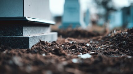 Burial Moment Close-Up View of Earth and Coffin Edge Showing Tactile Soil Detail in a Minimalist Documentary Style and Emphasizing Silence and Gravity