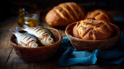 Loaves of bread two fish in baskets, religious Christian concept, biblical story multiplication visualization, loaves fishes narrative, vintage rustic style ancient time setting, w