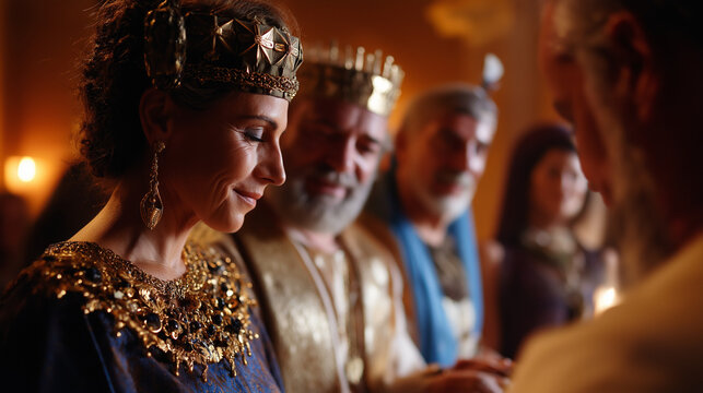 Captivating scene of Solomon, with Queen of Sheba visualization, biblical encounter representation, Old Testament narrative, royal meeting display, ancient wisdom exchange aestheti