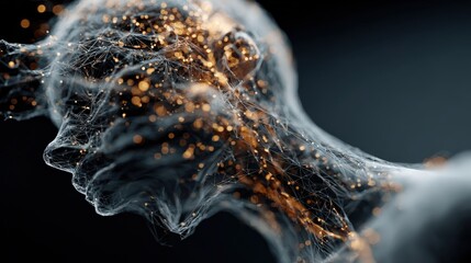 An ethereal and abstract depiction of a human head, composed of intricate webs and golden particles, evokes the essence of consciousness.  ..Created with Generative AI, not depicting real subjects.