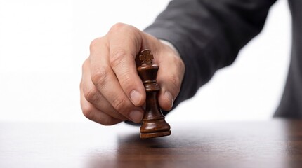 Businessman's hand moving a dark brown wooden chess king piece on a polished table, strategic business concept
