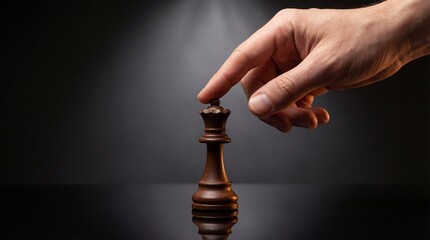 Hand Touching Brown Wooden Chess King Piece on Dark Background