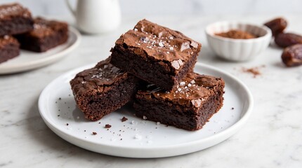Three Fudgy Chocolate Brownies with Sea Salt on White Plate