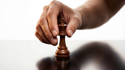 Close-up of a Hand Moving a Dark Brown Wooden Chess King Piece on a White Background