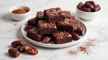 Stack of Fudgy Dark Chocolate Brownies with Dates and Cocoa Powder on Marble Background