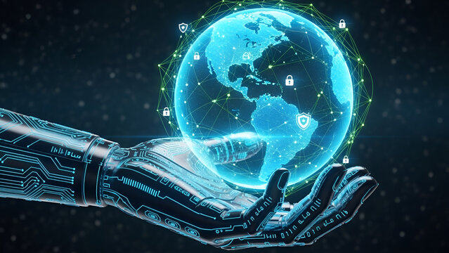 Robotic hand cradles a secure global network with padlocks and shields - Symbolizing powering world technology with AI robotics. - Powered by Adobe