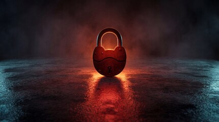 Red Lit Padlock on Wet Concrete Floor with Fog and Blue Haze