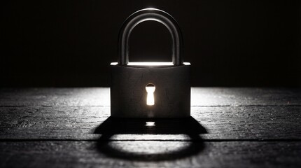 Metallic Padlock with Glowing Keyhole on Dark Wooden Surface Security Concept