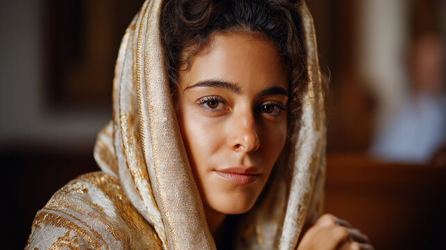 Ancient Israeli woman at old time, beautiful girl fashion model, style of ancient Israel visualization, old luxurious mansion setting, historical period costume, biblical era elega