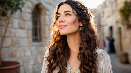 Obraz premium Ancient Israeli woman at old time, beautiful girl fashion model, style of ancient Israel visualization, old luxurious mansion setting, historical period costume, biblical era elega