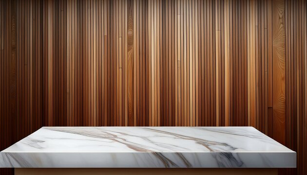 marble tabletop on wooden wall panels with slats background empty countertop mockup for cosmetics products presentation clean podium in luxury studio