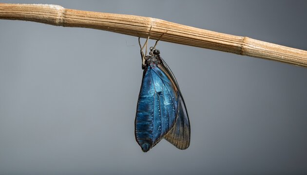 a dark blue chrysalis hangs from a slender dried plant stem against a muted grey background