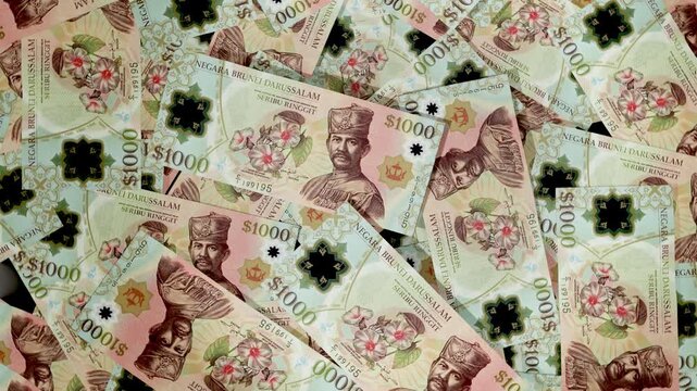 Top View 3D Animation of Scattered Brunei Dollar Banknotes on Floor, Rotating and Zooming Camera, Realistic Paper Money Cash Motion, Financial Economy Concept, 4K UHD Stock Video