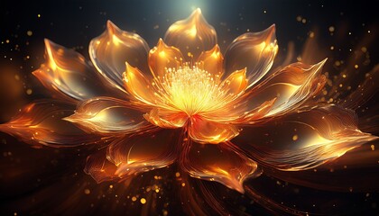 a fiery abstract flower blossoms radiating intense orange and gold light with glowing particles