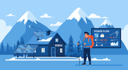 Sustainable Living Man Monitors Home Energy with Solar Power.