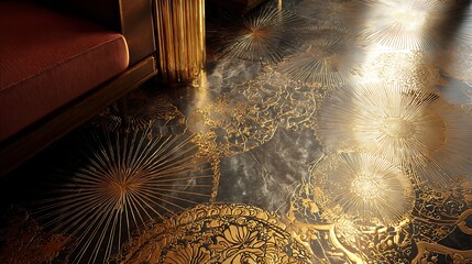 Luxurious interior design with golden patterned floor and elegant furniture with luxury and opulent and rich and high end and style and decorative