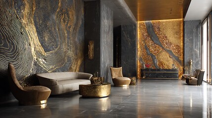 Luxurious modern interior design with unique wall art and comfortable seating area in upscale home or hotel lobby with elegant furniture and decorative elements