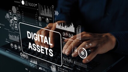 Hands Typing on Laptop Keyboard with Digital Assets Concept Overlaid in Modern Business Environment. Asymptotic smart data analytic.