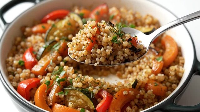Couscous Salad Spoon Served on White Bowl with Saut?ed Vegetables and Dill Garnish Healthy Mediterranean Cuisine Close