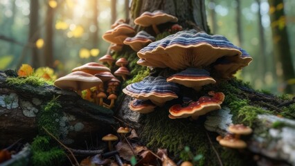 Close-up of bracket fungi growing on a moss-covered tree trunk in a sunlit forest