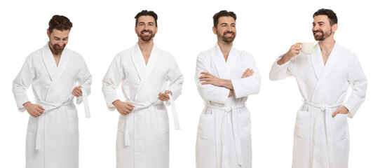 Man wearing bathrobe on white background, collage of portraits