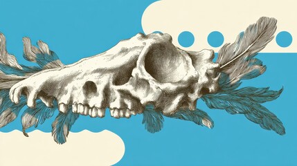 Surreal Collage of Bones and Feathers in Vibrant Colors for Pet Treat Advertising With Open Space for Text