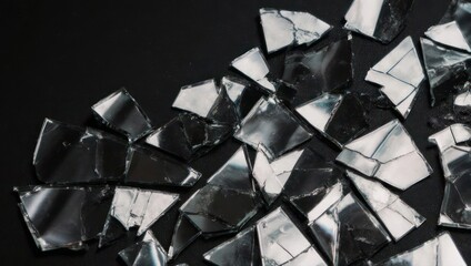 Close-up of broken mirror pieces scattered on a dark surface, reflecting light