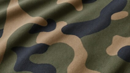 Close-up of camouflage fabric featuring tan, green, and dark blue organic patterns, textured