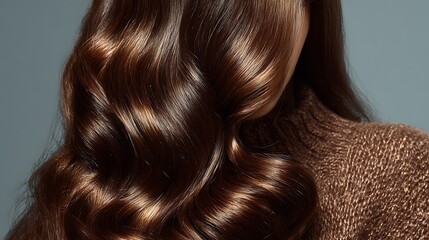 Close up of woman's long brown wavy hair with highlights against green background with beauty and hairstyle and hair care and healthy hair and hair growth