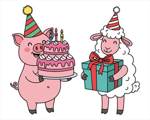 Obraz premium Cartoon vector illustration set of a happy Santa Claus with gifts and presents by a Christmas tree with winter holiday decorations and snow for a New Year celebration card