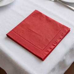 Isolated red napkin on white tablecloth in a kitchen setting (top view)