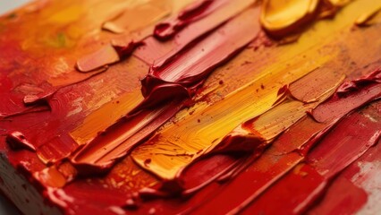 Close-up of colorful oil paint strokes on a canvas, blending warm hues in a textured display