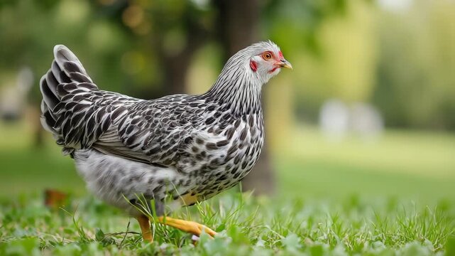 Plymouth Rock Chicken Walking Through Lush Green Grass Soft Focus Bokeh Background Farm Animal Nature Wildlife Domestic Bird Outdoor Scene