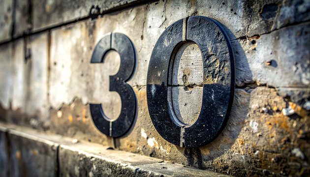 Printed black number 30 on old concrete wall, rough industrial texture, cracks, gritty urban