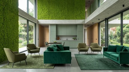 Modern living room with green walls and furniture interior design with architecture and home decor and lounge and contemporary and minimalist