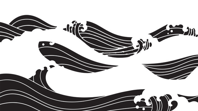 Stylized Black Wave Pattern with flowing Curves and Cresting Ocean Motifs.
