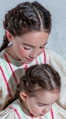 Obraz premium Two young Caucasian girls share secrets and giggles, braided hair glistening like woven dreams, at a traditional folk festival