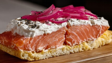 Savory Nordic gravlax tartine adorned with whimsical pickled onions and dill creme, celebrating Hygge and Midsummer delight