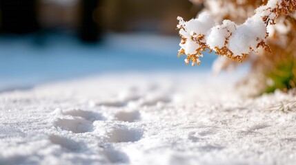 Footprints meander through fresh snow, whispers of winter solstice, hygge tranquility, and frost-kissed arboreal embrace
