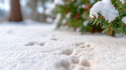 Paw prints in crystalline snow yearn towards an evergreen mystery, invoking Imbolc's renewal and Secret Santa's hidden paths