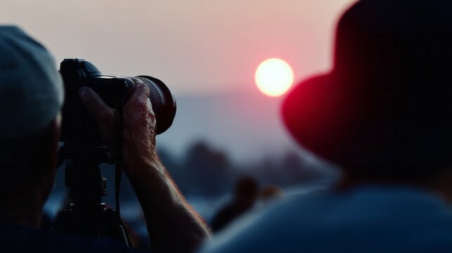 Sunset silhouettes an enigmatic photographer with a telephoto lens, capturing solstice mysteries and fleeting zenith moments